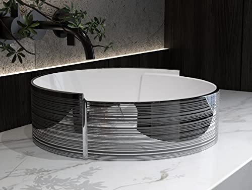 MEJE 16.75 Inch ELEGANT Silver Stripe Round Art Basin, Above Counter Bathroom Vessel Sink, Porcelain Ceramic Countertop Sink (Include pop up drain)