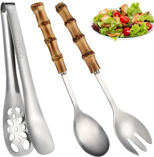 Salatbesteck 3er Set Salatzange zum Servieren 18/10 Edelstahl Salat Servierutensilien mit Bambusgriff Salatlöffel und Gabel Metallzange Servierset (Silber)