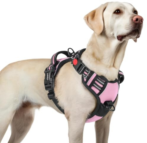 rabbitgoo Hundegeschirr Grosse Hunde Leichtes Anlegen, L, Rosa | Anti Zug, Ohne Kopfdurchzug, Halsverschluss mit Sicherung, 2 D-Ringe, Weich Gepolstert, Reflektierend für Gassi & Training