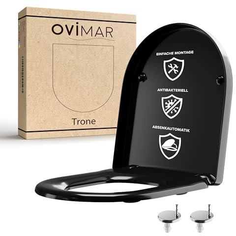 ovimar WC Sitz Trone D Form | Schwarz | Toilettendeckel mit Absenkautomatik Softclose | Duroplast | Leichte Montage von oben | Klositz mit Quick-Release-Funktion und verstellbaren Scharnieren