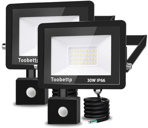 Proyector LED para exteriores de 30 W con sensor de movimiento, súper brillante, 6500 K, 3000 lm, blanco frío, impermeable IP66, para jardín, patio, 2 piezas