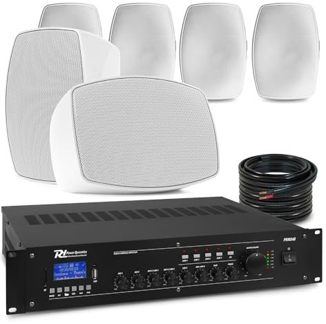 Power Dynamics PD 6x BHW50WH White Wall Speakers System with 240W Mixer Amplifier - Multi-Zone Commercial PA Setup, In/Outdoor Use, Bluetooth, Background Music System, Commercial Sound System