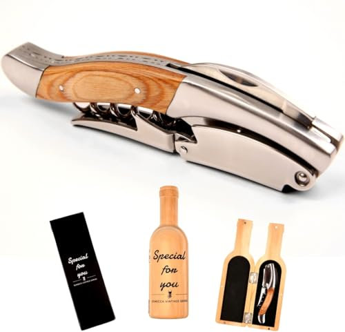 Semecca® Korkenzieher Weinöffner, Kellner-Korkenzieher, zweistufig, der perfekte Weinöffner und Weinschlüssel, Weinflaschenförmige Holzbox, Geschenk für Weinliebhaber (Naturholz)