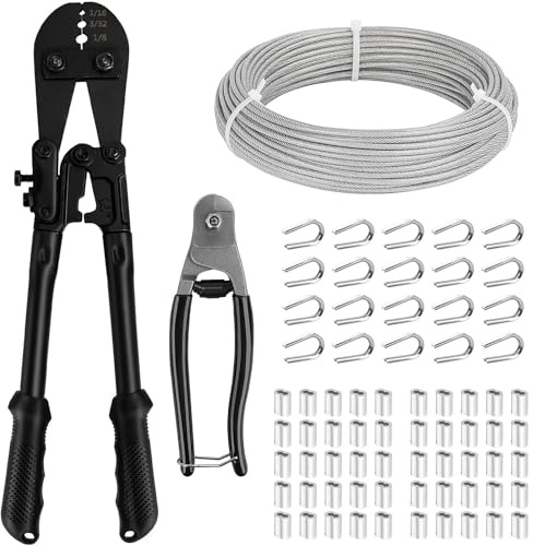 TooTaci Kit de Engaste para Cable de 3mm – Cable de Acero Revestido en Vinilo de 30M con Cortador – Alambre Metálico para Enrejados de Plantas, Tendedero, Guirnaldas de Luces y Cortinas