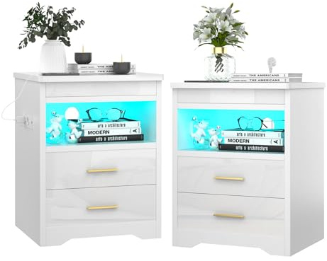 PIPIPOXER Lot de 2 tables de chevet avec prise et USB et verrouillables - Table de chevet LED avec 2 tiroirs - Éclairage LED pour salon - 45 x 40 x 67 cm - Blanc