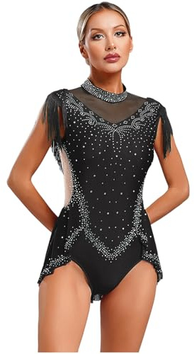 Agoky Damen Eiskunstlauf Kleid Ärmellos Rollkragen Ballettkleid Glitzer Strass Tanz Gymnastik Leotard Trikot mit Rock Fransen Eislaufen Bekleidung