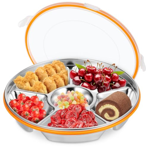 Cabilock Snack Teller mit Fächern rund | Edelstahl Snack Platte & Tablett spülmaschinenfest | Knabberschale Süßigkeiten Servier Tablett mit Deckel 26 cm | Für Picknick, Party, Büro