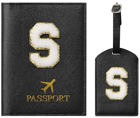 Generisch ZVRSUA Reisepasshülle und Gepäckanhänger-Set, Schwarz S | Mit Buchstaben-Patch, Pass Hülle Personalisiert, Personalisiertes Reisegepäck-Zubehör, Geschenk für Frauen, Teenager, Mädchen