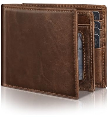Serovi Mens Genuine Leather Bifold RFID Blocking Wallet with 14 Card Slots, ID Window & 2 Cash Pocket - Includes Gift Box