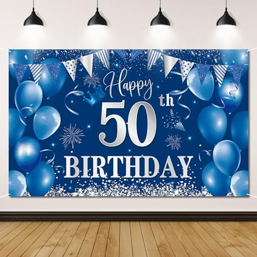 50. Geburtstag Banner Blau, Geburtstagsbanner 50, Geburtstagsdeko für Männer & Frauen, 50 Geburtstag Hintergrund Banner für 50 Party Geburtstagsdeko, 180 * 110 CM