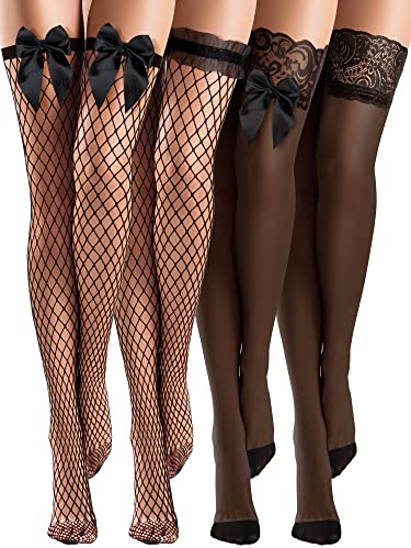 Bencailor 4 Medias de Red Muslo de Encaje Silicona sobre Rodilla Transparentes(Negro,XL)