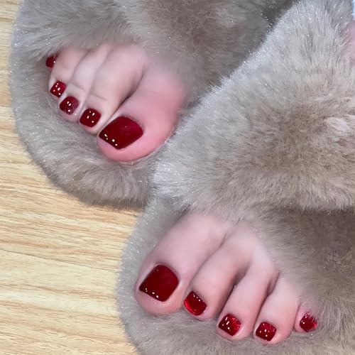 24 Stück Fußnägel Zum Aufkleben Rot mit Cateye Effect - Quadratische Kurz Fussnägel Zum Kleben - Full Cover Zehennägel Tips - Cat Eye Press on Toenails Wine Red für Frauen Mädchen Nagel Dekoration