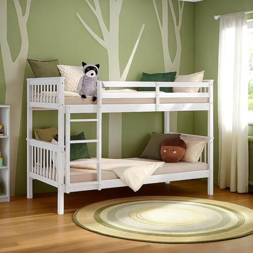 Homestyle4u, Etagenbett 2 Kinder 90x200 mit Treppe Weiß Holz Kiefer Hochbett 90x200 teilbar zu 2 Kinderbetten Doppelstockbett
