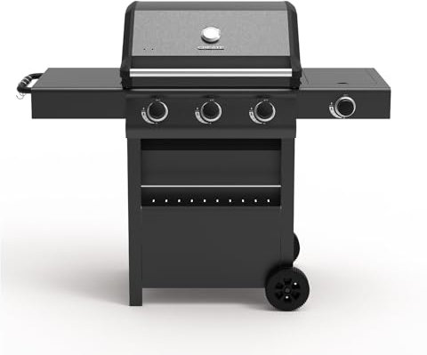 CREATE/BBQ GAS BURNER PRO/Barbacoa de gas con 3 quemadores y 1 lateral/Fácil encendido, gran superficie de cocinado, parrilla lateral, mesa auxiliar plegable, rejilla de calentamiento, 17kW