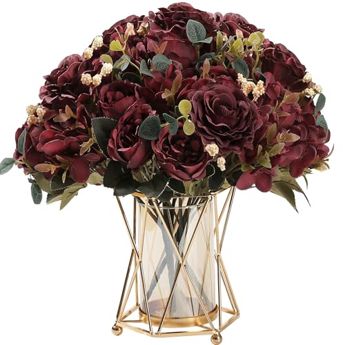 HNVNER Lot de 2 bouquets de pivoines artificielles en soie bordeaux pour arrangement de mariage, maison, cuisine, table, décoration de fête