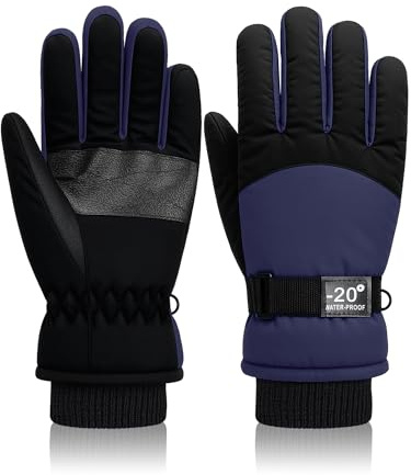 Geyoga Guanti invernali impermeabili da sci per bambini per ragazzi e ragazze, guanti da snowboard caldi e spessi (6-10 anni, blu navy)