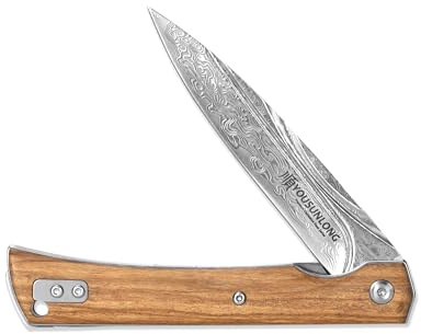 YOUSUNLONG Coltello pieghevole da campeggio - Lama in acciaio Damasco martellato - Rivestimento in legno d'ulivo italiano