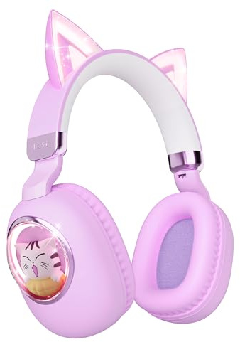 sunvito Kinder Kopfhörer Bluetooth 5.4, LED Beleuchtetes Katzenohr, Faltbarer Over-Ear Kopfhörer mit Mikrofon, 85dB Lautstärkebegrenzung, kabellos & 3,5mm kabelgebunden, für iPad/Tablet/Schule/Reisen