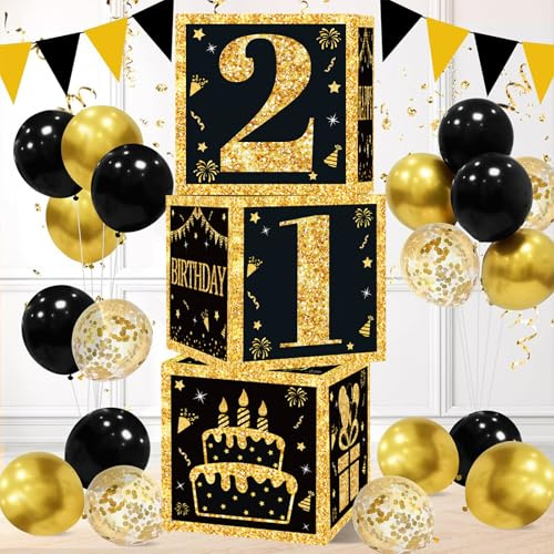 21th Birthday Decorations Boxes For Boys Girls - 3pcs Black Gold Happy 21th Balloons Boxes, 21 Year Old Party Supplies Birthday Table Decorations For Men Women