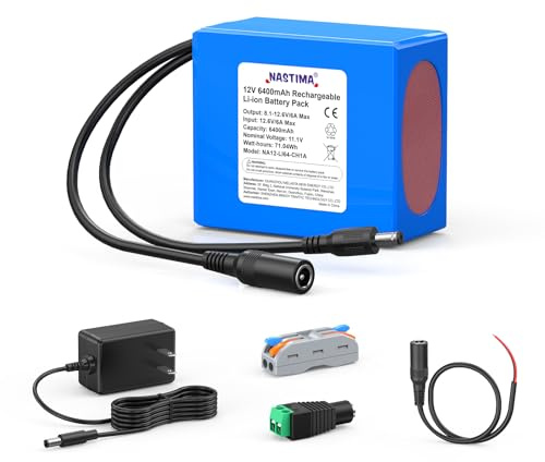 NASTIMA de 6400mAh y 71,04Wh 12V Batería Recargable de Iones de Litio Apta para Cámaras, Videocámaras, Reproductores MP3, Teclados Electrónicos, Cámaras CCTV, Routers, etc. Incluye Cargador y Conector