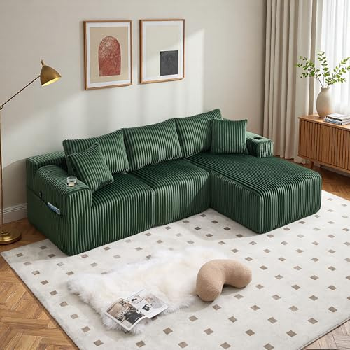 Wyibwy Sofá modular de 3 plazas con bolsillos laterales y portavasos, sofá esquinero en forma de L con chaise longue y 2 plazas, sofá modular con 5 almohadas, sofás de compresión, terciopelo acanalado