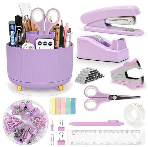 Cute Stationery Set, 13 in 1 Office Supplies & Desk Accessories for Women with Stapler & Staples Set, Pencil Holder, Tape Dispenser, Scissors, Clips, Ruler, Gift for Teachers, Students, Girls (Purple)