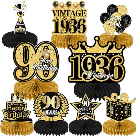 90th Birthday Decorations, 9 Pcs Table Decoration Black Gold Party Supplies, Honeycomb Centerpieces Cake Toppers, 90 Years Old Birthday Parties Dinner Table Topper, for Women and Men Born in 1936