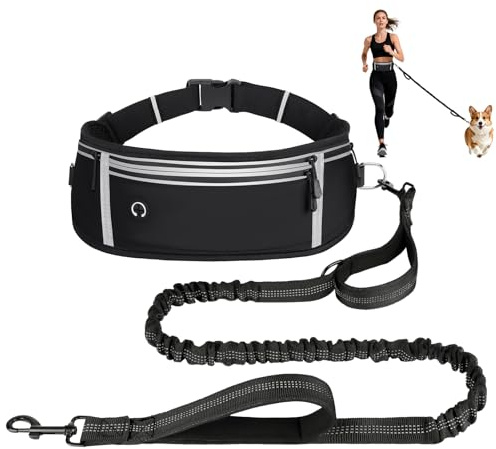 OFFCUP Joggingkoppel för hundar med magrem, handsfree hundkoppel, dubbla handtag, löpkoppel med bältesväska för stora och medelstora hundar
