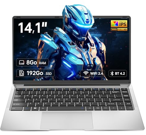 unbholkk Ordinateur Portable 14,1, 8 Go RAM, 192 Go SSD, Celeron N3450, PC Portable Étudiant FHD IPS avec Wi-FI 2.4, Mini-HDMI, Bluetooth 4.2 – Idéal pour La Maison, Les Études et Le Travail