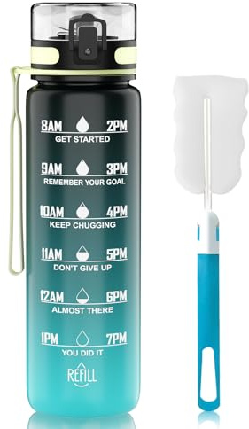 QIVORO 1-liter water bottle, made of BPA-free Tritan material, capacity 1 liter, with time markings, suitable for gym, outdoor activities, and campus use (black/blue).