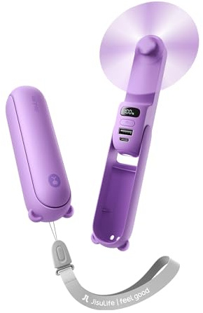 JISULIFE Portable Handheld Fan, 3 In 1-Fan, Power Bank, Flashlight, Purple | Mini Cooling Essential for Outdoor, Small, On-the-Go Pocket Hand Design, 24 Hours, Auto Shut-Off Safety Soft Blade