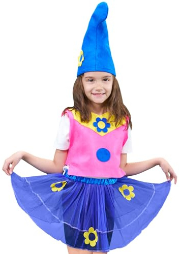 Zebra & Friends - Zwergen Mädchen Kostüm 3-teilig – 7/12 Jahren alt - Filz Wichtel Outfit Rosa/Blau mit Zipfelmütze & Blumen Tutu Rock – Kinder Faschingskostüm für Karneval, Motto Party & Theater