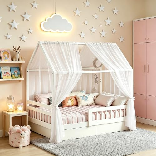 Generisch Hausbett Himmel Set, 2 Stück Betthimmel Hausbett für Hausbettdeko, Bett Vorhang für Mädchen Jungen Kinderbett Kinderzimmer Deko, 150cm*350cm (Weiß)