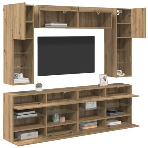 vidaXL Ensemble de Meuble TV Mural avec LED 6 pcs Chêne Artisanal, Meuble TV Mural Moderne, rectangulaire, Rangement spacieux, éclairage LED RGB, Design Personnalisable