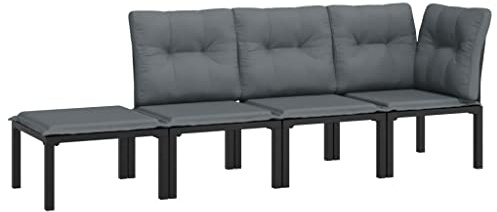 HFXHIJXQ Gartenlounge Schwarz Poly Rattan 62x62x68 cm 4-teilig wetterfestes Loungesofa Eckbank mit Fußhocker und Kissen für Balkon Terrasse und kleine Gärten