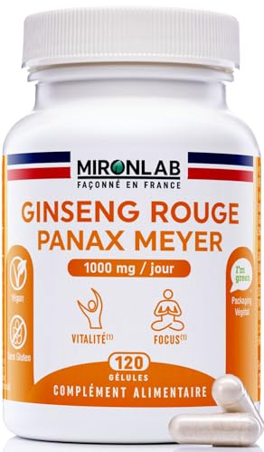 Panax Ginseng Rouge de Corée - Haut Dosage 1000mg - 100% Racine | Énergie Concentration & Anti Stress - Ginsénosides 12.5mg - 120 Gélules / 2 Mois - Extrait Naturel- Laboratoire Français