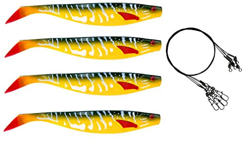 PetrisCatch 4er Barsch Gummifisch Set + 4 Stahlvorfächer, 15cm, UV aktiv