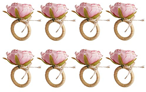 FEKIDO Flower Napkin Rings Set of 8,Pink Peony Flower Handmade Napkin Holder Rings Table Decorations for Wedding,Fall,Daily Party,Picnics,Banquet,Luncheons,Birthday,Christmas,Valentine's,Thanksgiving