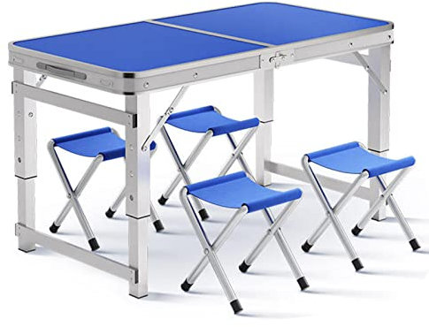 Campingtisch-Set mit 4 Hockern, höhenverstellbar, für draußen und drinnen, für Camping, Grillen, Picknick, Gartenpartys, tragbare, leichte Aluminium-Klapptische (Farbe: Blau (4 Personen))