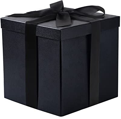 RUSPEPA Medium födelsedagspresent med lock, band och silkespapper, hopfällbar presentask – 1 st, 25,4 x 25,4 x 25,4 x 25,4 cm, svart