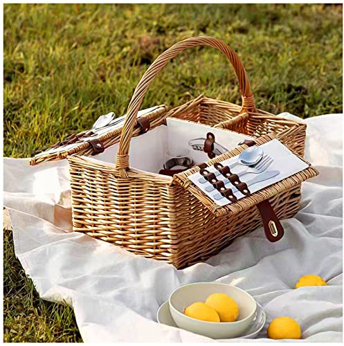 Tragbarer Picknickkorb aus Weidengeflecht für 2 Personen, handgefertigte Korbsets aus Weidenkorb, Picknickbox mit Griff, perfekt für Picknick im Freien, Camping (45 x 43 x 28 cm)