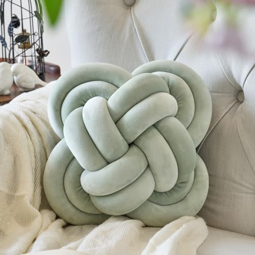 Xuyier Cojín decorativo con nudo y tela de terciopelo para sofá cama, cojín cuadrado anudado para sala de estar (12 pulgadas, verde salvia)