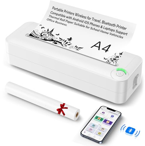 Relassy Portable Printer Wireless for Travel, Inkless Thermal Printers for A4 Size, Compatible with Android iOS Phones and Laptops for Home Office School