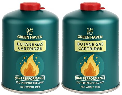 Green Haven C500 Camping Gas Canisters 2 Pack | EN417 Screw-On Gas Cartridges | Resealable Valve | Compatible with Camping Stoves, Heaters, Lanterns & Outdoor Cooking Equipment