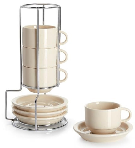 Sweese Porcelain Espresso Cups Set, 2.5 oz, Stackable with Saucers Metal Stand, Beige, 4 Pack