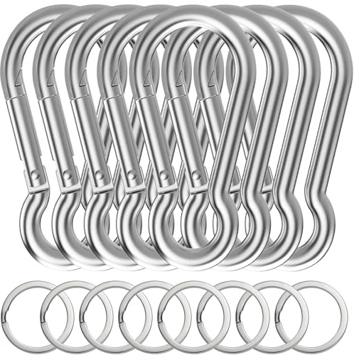 EGGMARCH 8 Pack Carabiner Clips with 8 Key Rings Strong Spring Snap Hook Heavy Duty Snap Clip Zinc-Galvanized Steel Link for Hiking, Camping, Fishing, Dog Leash,Swing,Hammock (5 Cm)