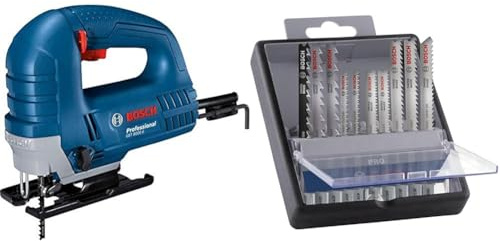 Bosch Professional Stichsäge GST 8000 E (inkl. 1x Sägeblatt T144 D, Spanreißschutz) + 10x PRO Hardwood and Laminate Stichsägeblatt-Set, 10-tlg. (für Hartholz, Parkett, Länge 83 mm, Zubehör Stichsäge)