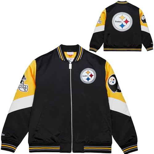 Mitchell & Ness Throw it Back Heavyweight Vintage Veste en satin (NFL) - Pittsburgh Steelers, Taille XL, logos brodés, homme, femme, enfant, unisexe, printemps, été, automne, hiver