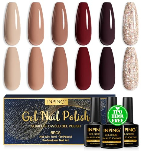 INPING UV-nagellack, TPO-FREE HEMA-FREE, 6 färger, nude, brun, röd, burgunder, glitter, gelnägel, soak-off, UV/LED-gelnagellack för nybörjare, gör-det-själv-nagelkonst, manikyrsalong, 8 ml