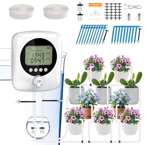 Automatische Bewässerung Pflanzen BewässerungssystemTropfbewässerung Indoor Garten Bewässerung mit Doppelte Pumpe Unabhängige Kontrolle, DIY Tropfbewässerungsset mit Einstellbar für Balkon